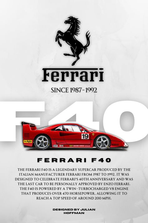 The Ferrari F40 is a legendary supercar produced by the Italian manufacturer Ferrari from 1987 to 1992. Carros Aesthetic, Ferrari Vintage, Neon Car, Ferrari Poster, Photo Rose, Poster Inspiration, Car Poster, Ferrari F40, Ferrari Car