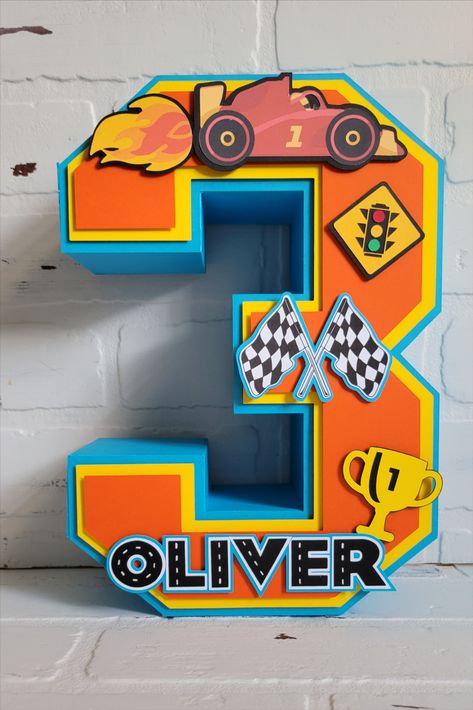 3D Birthday number is made with premium cardstock as shown or to your custom specifications.  Includes car and racing decals in addition to the racetrack name.  Can be made in any number, including double digits. 
Super cute for birthday parties or table centerpieces. Lamborghini Birthday, Paw Patrol Party Favors, Racing Decals, Cars Birthday Party Decorations, Car Birthday Party, Race Car Themes, Birthday Centerpiece, Disney Cars Birthday, Race Car Birthday Party