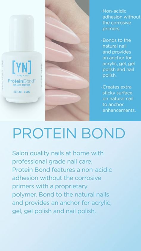 What Makes the Product Unique? Young Nails lets you bring the salon home with professional grade nail care and enhancement products. Our Protein Bond is the leader in non-acid adhesion. This is a corrosive-free primer with a proprietary polymer that bonds to the keratin structure. This bonder creates an extra sticky surface on the natural nail and is suitable for acting as a gel, polish, and acrylic anchor. Use as part of our complete system to perform salon grade nail enhancements at home. Nail Dehydrator, Nail Enhancements, Nail Primer, Nail Prep, Young Nails, Nails At Home, Fabulous Nails, Keratin, Natural Nails