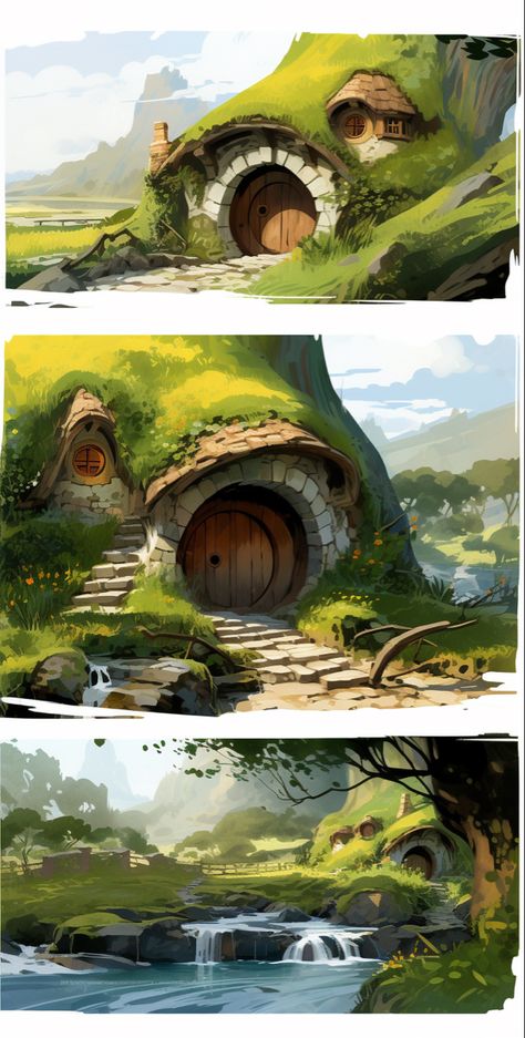 Rustic House Concept Art, Cottage House Concept Art, Hobbit House Illustration, The Hobbit Concept Art, Hobbit House Concept Art, Small House Concept Art, Hobbit House Art, Fantasy House Illustration, Hobbit Character Art