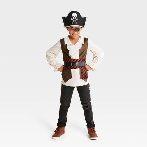 They'll be geared up for scouring the neighborhood for candy in this Kids' Pirate Halloween Costume Accessory Kit from Hyde & EEK! Boutique™. This Halloween pirate costume features a cream-hued long-sleeve shirt showcasing flared cuffs with an attached brown vest accent. It comes with a sash, an eye patch and a pirate hat with skull and crossbones symbol to complete the look. Best of all, the costume and accessories in the kit are made from a soft fabric for comfortable wear. Hyde & EEK! Boutiqu Kids Pirate Costume Diy, Diy Pirate Costume For Kids, Knight Halloween Costume, Halloween Pirate Costume, Pirate Costume Kids, Pirate Halloween Costume, Pirate Costume Diy, Costumes 2024, Skeleton Halloween Costume