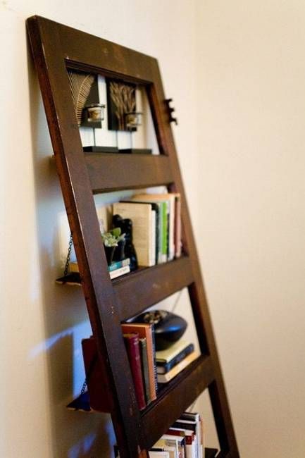 ways to reuse and recycle old wood doors for unique furniture and wall decorations in vintage style Scrap Wood Bookshelf, Bookcase Made From Old Doors, Reclaied Wood Shelves, Old Door Shelf, Vintage Doors Repurposed, Antique Bookshelf, Bintage Wood Decirative Shelf, Old Bookshelves, Old Wood Doors