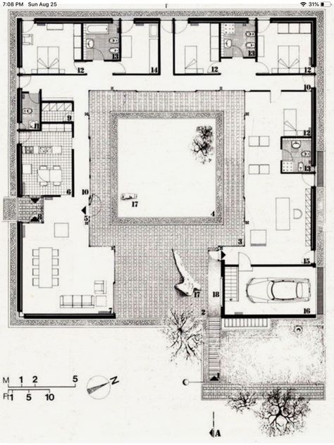 U Shaped Houses, Atrium House, Asma Kat, Courtyard House Plans, Architectural Floor Plans, Home Design Floor Plans, Casa Patio, Casas Coloniales, House Layout Plans