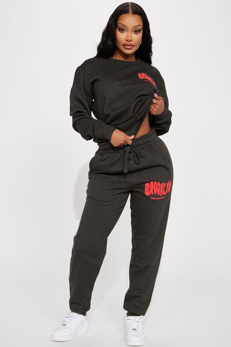 Available In Charcoal. Jogger Pant Drawstrings Pockets Front Puff Print Detail Pair Back To Brooklyn Print Sweatshirt 60% Cotton 40% Polyester Imported | Brooklyn Puff Print Jogger in Charcoal size Medium by Fashion Nova Puff Print, Printed Joggers, Cute Comfy Outfits, Brooklyn New York, Print Sweatshirt, Drawstring Pants, Graphic Tees Women, Grey Fashion, Comfy Outfits