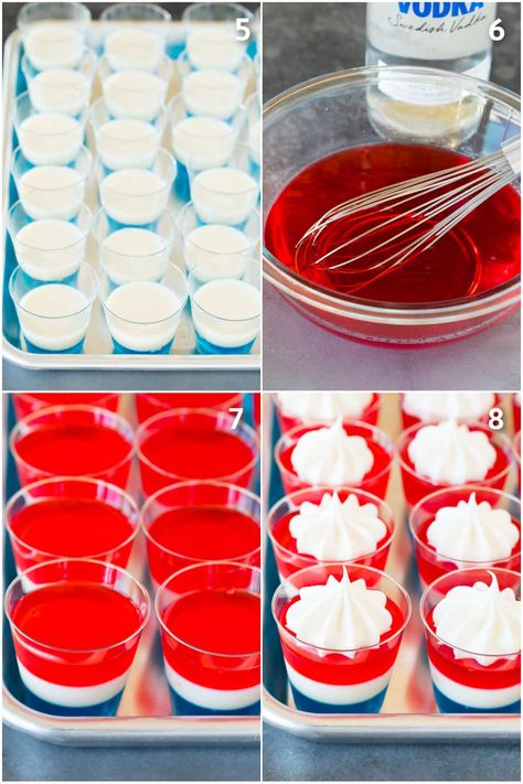 These red white and blue Jello shots are layers of cherry, condensed milk and berry gelatins, all topped with whipped cream and patriotic sprinkles. The perfect 4th of July offering! Red White And Berry Jello Shots, 4th Of July Shots Jello, Easy 4th Of July Jello Shots, White Jello Shots Recipes, Baseball Jello Shots, Red White And Blue Shots, 4th Jello Shots, 4th Of July Jello Shots With Alcohol, Red White And Blue Jello Shots