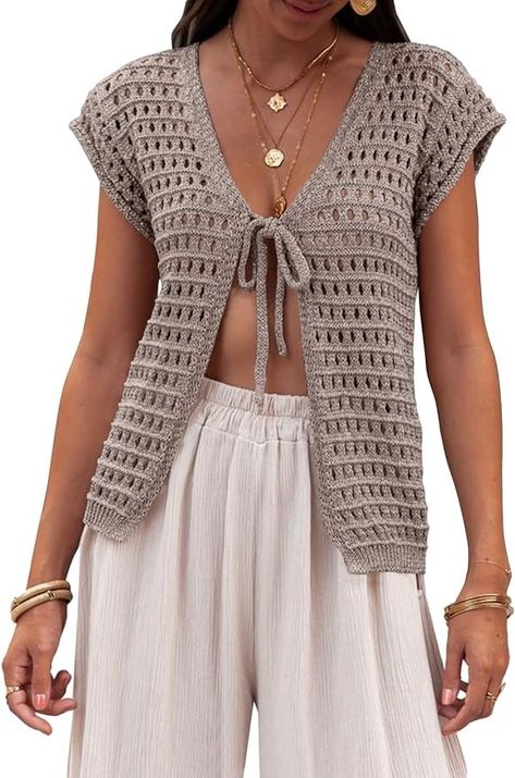 Saodimallsu Womens Tie Crochet Shrug Short Sleeve Open Front Lightweight Knit Cropped Cardigan Sweaters Cover Up Khaki at Amazon Women’s Clothing store Tie Crochet, Beach Streetwear, Clothes Beach, Lightweight Sweaters, Y2k Long Sleeve, Crochet Shrug, Cardigan Sweaters, Cropped Cardigan Sweater, Shirts Women Fashion