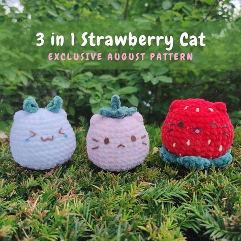 A beginner friendly crochet pattern to make 3 different squishy strawberry cat plushies. They are fun and quickly whipped up, since there's minimal sewing! Marshmallow Cat, Cat Amigurumi Pattern, Cat Plushies, Strawberry Cat, Cat Crochet Pattern, Beginner Friendly Crochet, Instagram Pattern, Crochet Idea, Cat Crochet