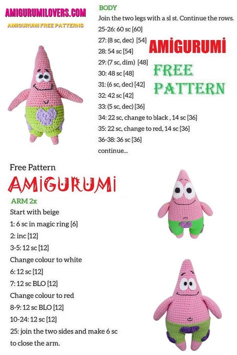 Amigurumi Patrick Star Free Crochet Pattern – Amigurumilovers.com Star Crochet Pattern, Star Crochet, Crochet Lace Pattern, Patrick Star, Dolls For Sale, Fabric Glue, Amigurumi Free, Amigurumi Free Pattern, Slip Stitch