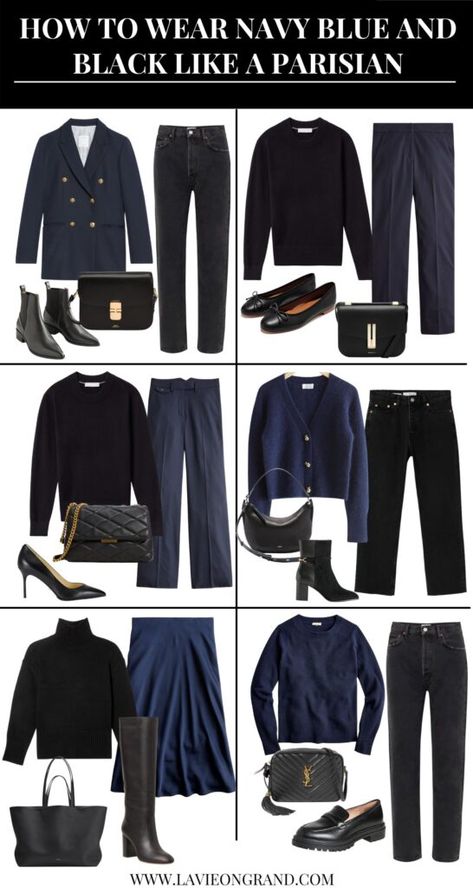 Navy Womens Outfits, Navy Neutral Outfit, Black And Navy Capsule Wardrobe, Navy Blue Cardigan Outfit Fall, Black And Navy Winter Outfit, Navy And Black Work Outfit, French Outfit Style Winter, Polished Style Minimal Classic, Parisian Business Style