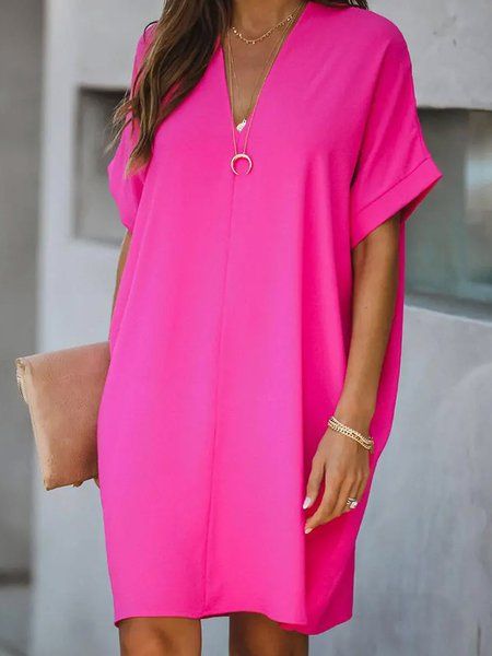 bestsellers Fuschia Dress, Mini Dress Hot, Bodycon Dress Casual, Shift Dresses, Mode Casual, V Neck Midi Dress, Midi Short Sleeve Dress, Short Sleeve Mini Dress, Vestido Casual