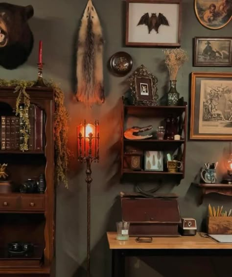 Goth Eclectic Decor, Whimsigoth Art Studio, Dark Vintage Home Decor, Gothic Home Office, Vintage Office Aesthetic, Southern Gothic Decor, Dark Academia Apartment, Edgy Wall Decor, Oddity Decor