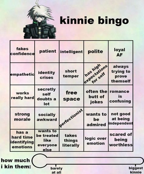 pls credit if you use xoxo requested by @hourglasslessdog_ thank you!! Kinnie Bingo, About Me Template, Bingo Sheets, Bingo Template, Writing Fantasy, Video Game Anime, Super Danganronpa, Nagito Komaeda, Bingo Cards