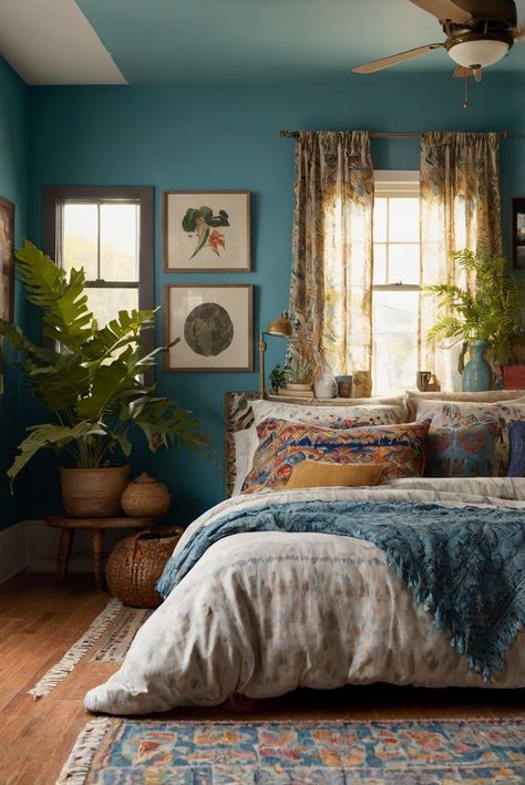 Discover how vibrant textiles are dominating home decor trends in 2024, infusing bohemian charm into living spaces. Explore the colorful world of Bohemian Flair now! #ad     #Colortrend #wallpaint2024  #color2024  #DIYpainting  ##DIYhomedecor  #Fixhome Bright Blue Bedroom Ideas, Eclectic Teal Bedroom, Teal Boho Bed, Blue Bedding Sets Bohemian, Jewel Tone Bedroom Blankets, Dark Blue Bedding Boho, Whimsical Bedroom Ideas, Real Apartment, Inviting Bedroom