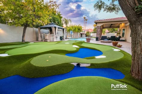 DESIGN | PuttTek Backyard Golf Course Ideas, Outdoor Mini Golf, Golf Putt, Turf Backyard, Golf Simulator Room, Putt Putt Golf, Green Backyard, Large Backyard Landscaping, Synthetic Lawn