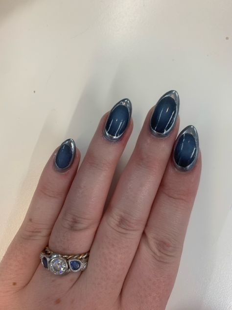 Navy blue and silver aura almond nails Aura Nails With Silver, Crystal Ball Nails, Navy Blue Almond Nails, Aura Almond Nails, Silver Aura, Ball Nails, Almond Nails, Crystal Ball, Blue And Silver