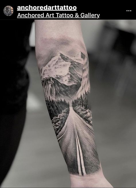 Feminine Mountain Sleeve Tattoo, Scenery Tattoos For Men, Highway Tattoo Ideas, Immigration Tattoo, Mountain Road Tattoo, Road Tattoo Ideas, Road Tattoo Design, Realistic Mountain Tattoo, Outdoor Tattoos For Men