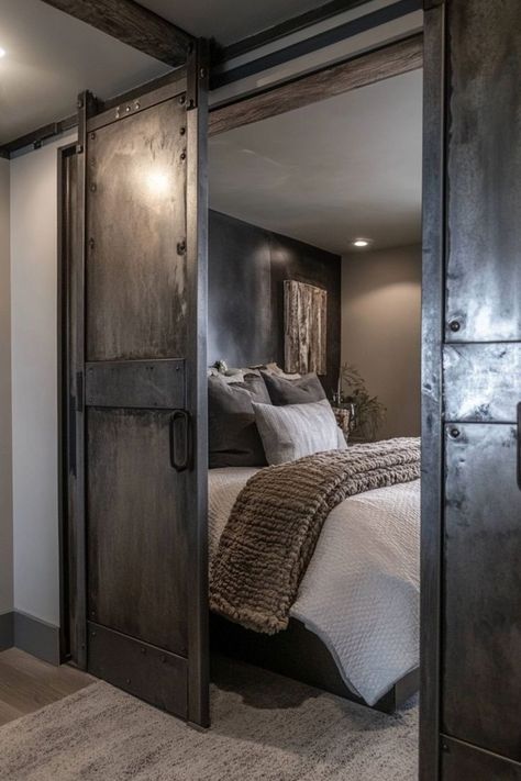 Give your bedroom an edgy, industrial vibe with metal closet doors. These doors add a unique, bold statement that pairs perfectly with modern or loft-style decor. 🛠️✨ #IndustrialDecor #MetalDoors #BedroomStyle #ElevatedCloset Industrial Barn Doors, Metal Closet Doors, Metal Barn Door, Industrial Barn Door, Metal Closet, Interior Unique, Scrub Corpo, Metal Barn, Art House