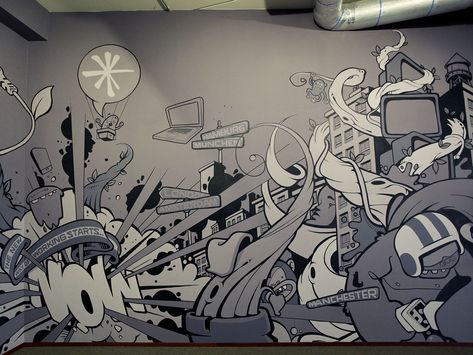 Qurius mural on Behance Graffiti Office, Seni Mural, Doodle Wall, Wall Painting Decor, Graffiti Murals, Murals Street Art, Graffiti Wall Art, Graffiti Drawing, Mural Design