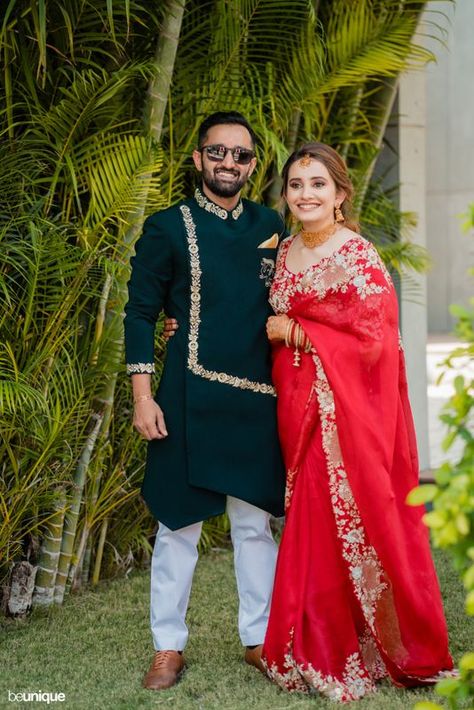 A Post-Lockdown Wedding With An Interesting Arranged Setup! | WedMeGood Post Marriage Looks Indian, Post Wedding Saree Look, Red Saree Wedding, Teal Outfits, Saree Hairstyles, Indian Wedding Gowns, Couple Wedding Dress, Manish, Indian Bridal Fashion