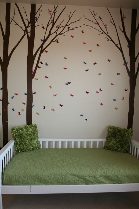 Woodland Kids Bedroom- theme would be perfect for both genders. This is something I could get behind passionately...I would've loved this as a little girl. Maybe our ridiculous green carpets would blend in better with the earth tones and forest vibes. Kids Bedroom Themes, Woodland Room, Woodland Bedroom, Butterfly Bedroom, Forest Bedroom, Forest Vibes, Forest Room, Bedroom Theme