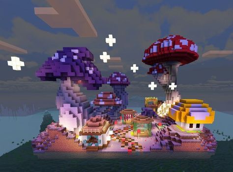 Mushroom World Minecraft, Trippy Minecraft Houses, Mushroom City Minecraft, Mushroom Roof Minecraft, Mushroom Treehouse Minecraft, Mushroom Building Minecraft, Aesthetic Mc Builds, Mushroom Portal Minecraft, Mushroom Base Minecraft