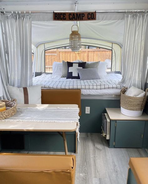 Tips for Buying and Renovating Used Pop-Up Campers - The RV Atlas Pop Up Camper Bedding, Pop Up Camper Door Makeover, Diy Pop Up Camper Remodel, Pop Up Camper Interior Ideas, Pop Up Camper Interior, Pop Up Camper Storage Ideas, Pop Up Camper Storage, Pop Up Trailer Makeover, Small Pop Up Camper Remodel