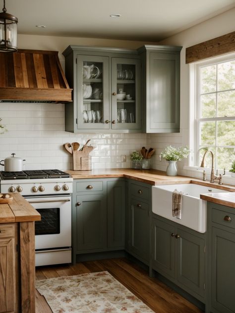 Blue Cabinet With Butcher Block Top, Back Of Kitchen Peninsula Ideas, Two Toned U Shaped Kitchen, Kitchen Interior Spanish, Sage Green Boho Kitchen, Kitchen Ideas Two Tone Cabinets, Pale Green Cabinets, 1900 House Remodel, Cottage Kitchen Green