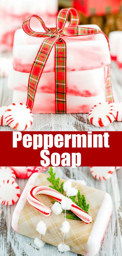 Peppermint Gift Ideas, Candy Cane Soap Recipe, Christmas Soap Gifts, Winter Melt And Pour Soap Recipes, Peppermint Soap Recipe Melt And Pour, Hot Process Christmas Soap Recipes, Holiday Soap Recipes, Christmas Soap Recipes Melt And Pour, Homemade Christmas Soap Recipes