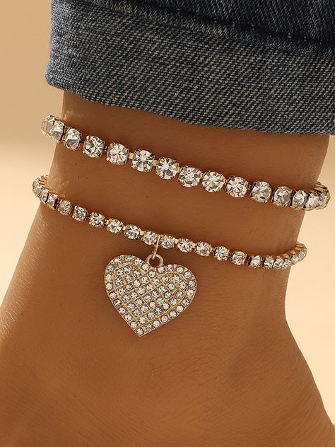 Heart Rhinestone Party Anklet Set Ankle Accessories, Rhinestone Anklet, Summer Fashion Accessories, Leg Chain, Heart Anklet, Summer Anklets, Women Anklets, Wedding Party Jewelry, Foot Jewelry