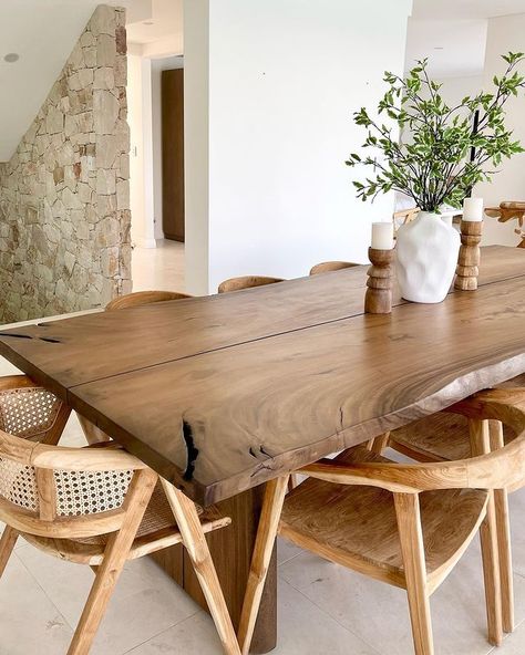 Natural Minimalist Dining Room, Material Dining Chairs, Natural Wood Dinner Table, All Wood Dining Table, Rustic Wood Kitchen Table, Tulum Inspired Dining Room, Wooden Table Chairs, Rustic Oak Table, Different Chairs Dining Table