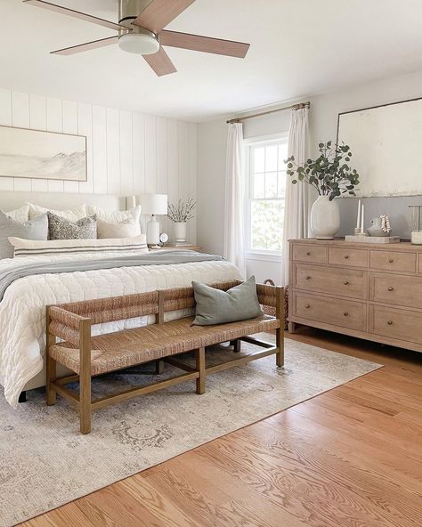 Sherri Calnan | Loving all the bright whites and neutrals for spring! We said goodbye to our down comforter for the spring/summer and replaced it with… | Instagram Scandinavian Bedrooms Master, White Airy Bedroom, Master Room Accent Wall, Couple Bedroom Color Ideas, Bed Against Window Small Room, Bed Infront Of A Window, Master Room Inspiration, Neutral Master Bedrooms, Neutral Master Bedrooms Decor