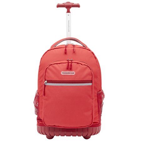 Travelers Club Finley Collection 18" rolling backpack. This versatile bag is a school bag, backpack and a travel bag all in one. It features high-end skate wheels, able to withstand sidewalks and streets. A mono locking telescopic handle is ideal for manuvering with the wheels and locks in place it its own section. Backpack straps are adjustable and can be hidden behind the back section when using as a book bag or luggage. Strong bottom section with molded corner and large set-down studs for add Rolling Backpacks For School, Skate Wheels, Rolling Backpack, Carry On Luggage, Backpack Straps, Book Bag, School Bag, Laptop Backpack, Travel Bag