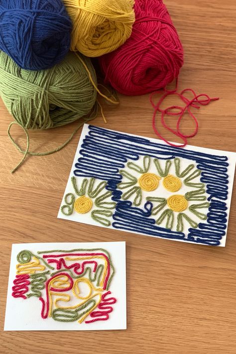 Yarn Art Elementary, Yarn Glue Art, Paper Sewing Art, Yarn Projects For Kids, Yarn Art For Kids, Wednesday Crafts, Girl Hobbies, Yarn Painting Art, Artwork For Kids