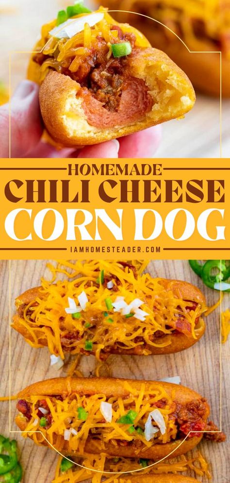 Chili Cheese Corndogs, Corn Dog With Chili And Cheese, Corndog Chili Dogs, Chili Cheese Corn Dogs, Corndog Recipes, Cheese Corn Dogs, Cheese Corn Dog, Korean Corn Dog Recipe, Corn Dog Recipe