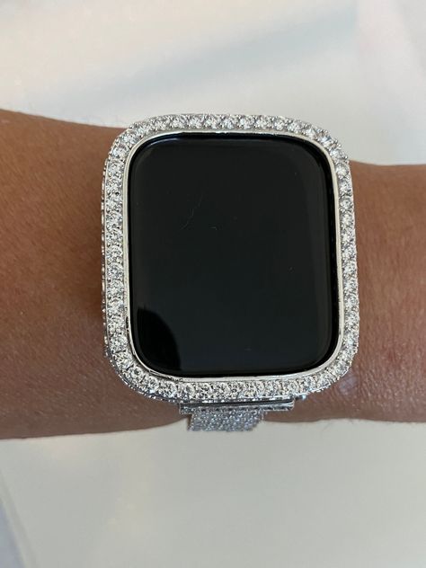 "Fits the Apple Watch available for sizes 40mm and 44mm in series 4,5,6 or SE Men's & Women's. Custom Apple Watch Cover 14k White Gold Plated Metal Bezel style case cover with hand set Large 2.5mm lab diamonds and elegant engraving on the sides. Stones are not too big yet have a big presence. Very Elegant Women or Mens Style. Bezel only listing, band in photo or video is not included. Exclusive Iwatch Candy Design This is custom made to fit the Apple Watch available for sizes 38,40,42 and 44mm i Diamond Apple Watch, Silver Apple Watch, Apple Watch Cover, Silver Apple, Ceramic Apple, Ceramic Watch, Apple Watch Case, Apple Watch Accessories, Silver Engraving