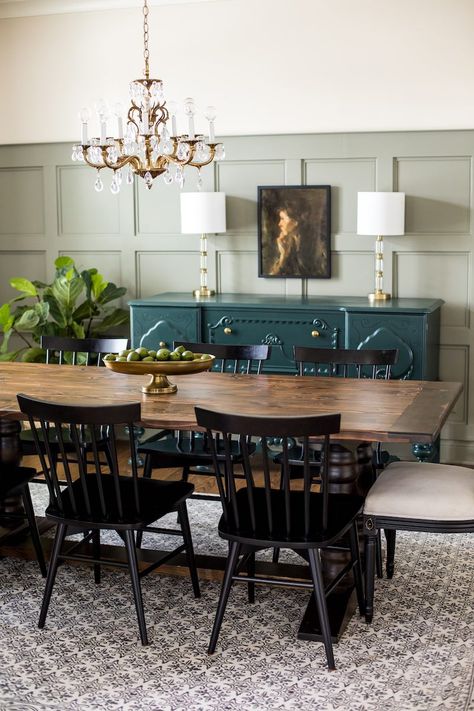 Green Board And Batten Dining Room, Green Wainscoting Dining Room, Green Wall Dining Room, Dining Room Paneled Walls, Dining Room With Wainscotting, Dining Room Paneling, Dining Room Decor Elegant, Windsor Dining Chairs, Green Dining Room