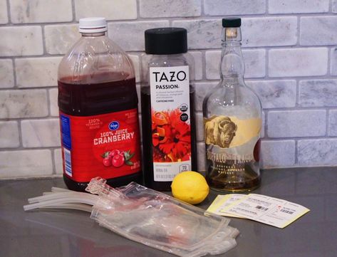 Halloween Blood Bag Cocktails - Cuisine & Cocktails Halloween Iv Bag Drinks Recipes, Blood Bag Drink Recipe, Halloween Blood Bag Drinks, Tazo Passion Tea, Pomegranate Gin, Halloween Recipes Drinks, Halloween Punch Recipes, Passion Fruit Tea, Blood Bag