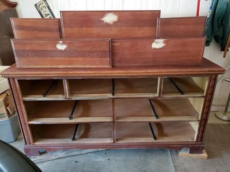 For a long time, I have been wanting to get rid of the majority of using plastic containers for organization. I wanted to get base cabinets, but my husband and I decided we'd recycle our old bedroom dresser into craft storage instead of buying expensive cabinets. At least temporarily until we could get new cabinets. I hadn't actually thought of blogging all the details until, well...too late. So this is a "condensed" version of the process. Here is a before. Just sitting in the garag… Dresser Into Craft Storage, Dresser Craft Storage, Recycled Dresser, Old Bedroom, Dresser Shelves, Repurposed Dresser, Craft Supply Storage, Craft Cart, Dresser Redo