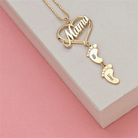 Mother's Day Gift Mama/Mum/Mom Heart Pendant Necklace With Personalized Name Engraving Baby Feet Magazine Jewelry, Love Mama, Baby Necklace, Mama Necklace, Presents For Mum, Customizable Jewelry, Necklace Love, Gifts For New Parents, Mom Necklace