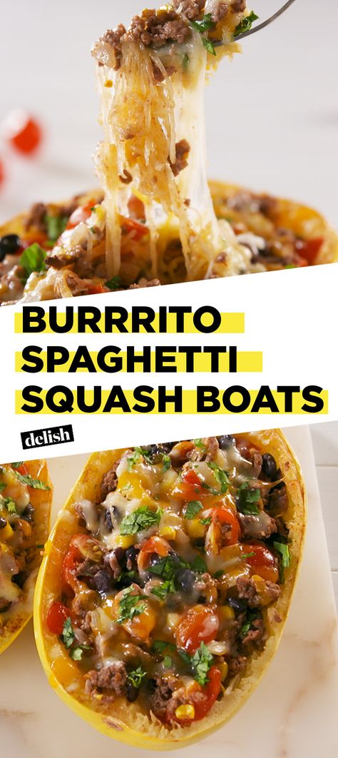 You'll have ZERO guilt eating these Burrito Spaghetti Squash Boats. Get the recipe at Delish.com. #recipe #easy #easyrecipe #lowcarb #lowcarbdiet #cheese #taco #spaghetti #squash #groundbeef #dinner #easydinner #dinnerrecipes #tacotuesday #burritos #corn #beans #tomatoes Spaghetti Squash Recipes Chicken, Low Carb Clean Eating, Spaghetti Squash Recipes Vegan, Spaghetti Squash Boats, Corn And Black Beans, Spaghetti Squash Recipes Healthy, Spaghetti Squash Boat, Spaghetti Squash Recipes Easy, Squash Boats