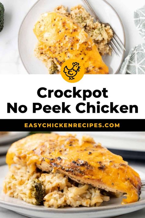 This crockpot no peek chicken is an easy dinner recipe the entire family can enjoy. The tender chicken is cooked in a flavorful and creamy white rice bake that makes for the ultimate comfort food. Recipes For Crockpot, No Peek, Chicken And Cheese Recipes, No Peek Chicken, Crock Pot Slow Cooker Recipes, Rice Bake, Crock Pot Inspired Recipes, Creamy Chicken And Rice, Chicken And Cheese