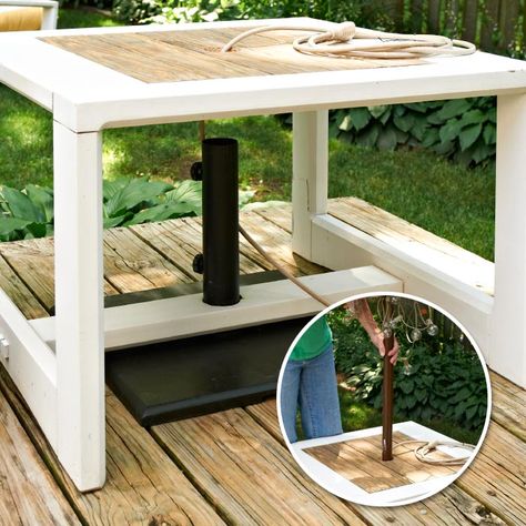 Make a Side Table Umbrella Stand | My Home My Style eNotes Diy Umbrella Stand Outdoor, Umbrella Side Table, Outdoor Umbrella Table, Diy Umbrella, Florida Backyard, Spool Table, Umbrella Table, Diy Awning, Wooden Arbor