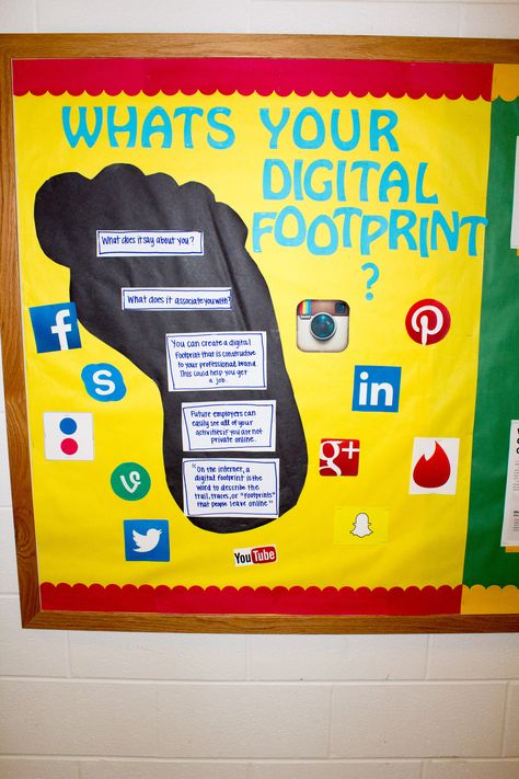 Digital Footprint Bulletin Board- Oakland Cte Bulletin Boards, Digital Footprint Bulletin Board, Business Bulletin Board Ideas, Digital Citizenship Bulletin Board, Ict Display, Computer Lab Bulletin Board Ideas, Computer Bulletin Boards, Technology Bulletin Board, Computer Lab Decor