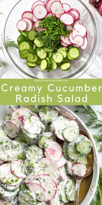 Cucumber Radish Salad, Sommer Mad, Radish Recipes, Radish Salad, Creamy Cucumbers, Cucumber Recipes, Veggie Side Dishes, Garden Recipes, Radishes