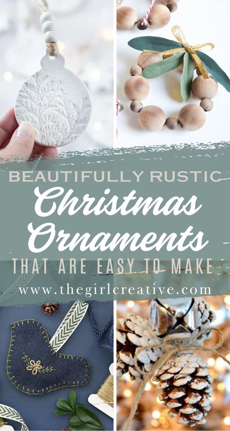 diy christmas ornaments made from felt, wood beads, salt dough and pinecones Rustic Christmas Ornaments Diy Homemade, Diy Farmhouse Tree Ornaments, Farmhouse Christmas Diy Crafts, Rustic Christmas Tree Decorations Diy, Handmade Xmas Ornaments, Dollar Store Ornaments Diy, Farmhouse Christmas Tree Decorations Diy, Dollar Tree Diy Christmas Ornaments, Rustic Diy Christmas Ornaments