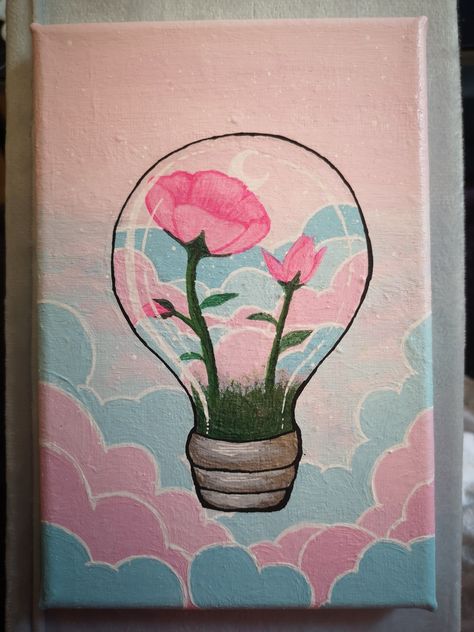 Acrylic painting of flowers growing in lightbulb floting in The clouds Easy Acrylic Painting Ideas Aesthetic, Lightbulb Painting, Meaningful Paintings, Cute Easy Paintings, Abstract Pencil Drawings, Painting Of Flowers, Flowers Growing, Simple Canvas Paintings, Canvas Painting Tutorials