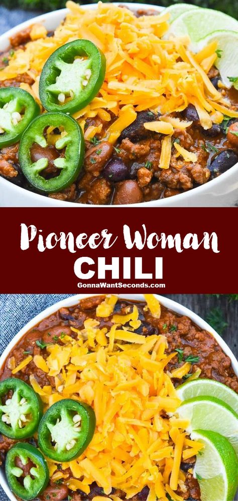 *NEW* This hearty, zesty, one-pot Pioneer Woman Chili is here to warm up your chilly nights! A certified comfort food, you're whole family will love! #PioneerWomanChili #Chili Pioneer Woman Guajillo Chili Pot Roast, Beef And Bean Chili Recipes, Meat And Bean Chili Recipe, Pioneer Woman Chili Recipe, Chili Pioneer Woman, Paula Deen Chili Recipe, Healthy Beef Chili Recipe, Chili Recipe Pioneer Woman, Pioneer Woman Chili