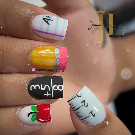 Nail Back To School Ideas, August Nail Inspiration, Short Nails For Teachers, Back To School Kid Nails, Going Back To School Nails, School Design Nails, Back Tk School Nails, Teacher Nails Acrylic, Teacher Theme Nails