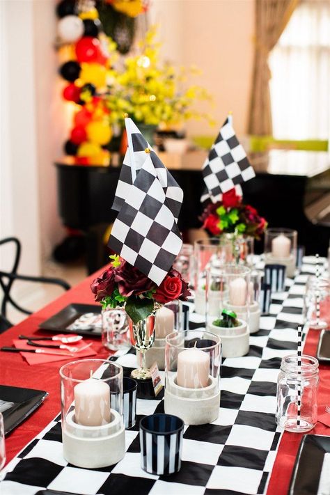 Racer Check Guest Table Decor from a Race Car Birthday Party on Kara's Party Ideas | KarasPartyIdeas.com (12) Speed Limit 55 Birthday Decorations, Checkered Table Runner, Car Centerpieces, Ferrari Party, Classic Cars Birthday Party, Checkered Table, Flag Table, Racing Theme, Car Birthday Party