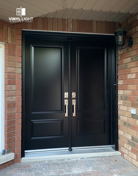 ✔️ Black 2 Panel Double Door Without Glass from Vinyl Light ➡️ #blackdoublefrontdoor #black doublefrontdoorentrance #doubledoor #doubledoorideas #doubledoorideasentrance #northyorktoronto #northyorktorontocanada Double Entry Doors No Windows, White House Double Front Door, 2 Panel Exterior Door, Solid Black Double Front Doors, Black Front Double Doors Entryway, Black Double Entry Doors, Black Main Door Entrance, Black Double Front Door Entrance, Black Double Doors Entrance